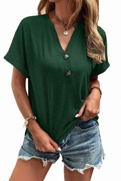 

green button v neck rolled short sleeve t shirt a70e#, White