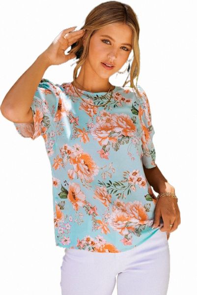 

sky blue floral print short puff sleeves v11s#, White