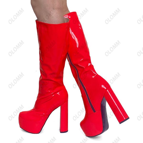 

olomm women winter knee boots full zipper chunky heels round toe pretty fuchsia prom shoes ladies plus us size 4-15, Black