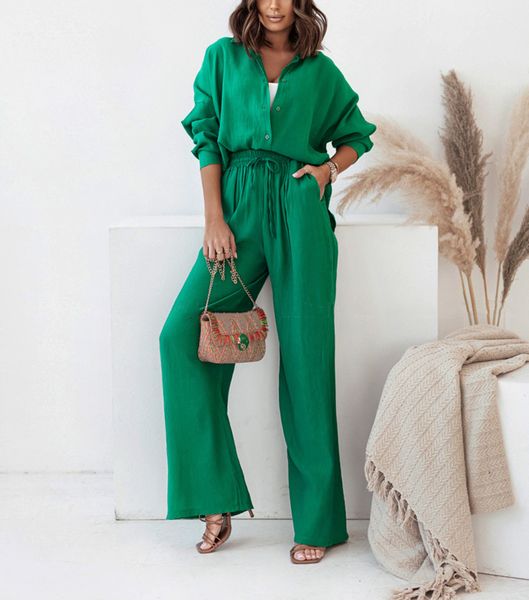 

women's two piece pants spring summer blue trouser suit set for women office wear chic shirts two piece suit women elegant wide pants o, White