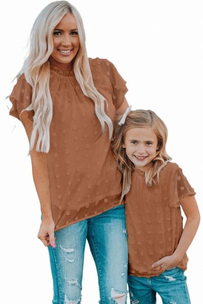 

brown ruffled sleeve swiss dot t-shirts 2023 new m1bd#, White