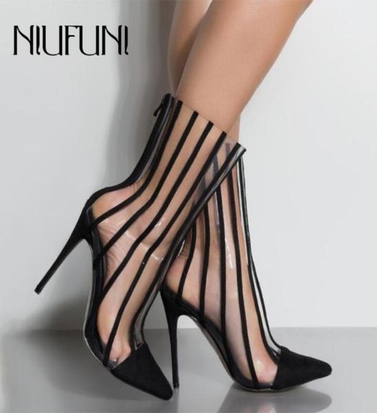 

fashion pvc transparent boots sandals pointed toe thin high heels shoes clear mujer women boots black striped boots party shoes t23550609