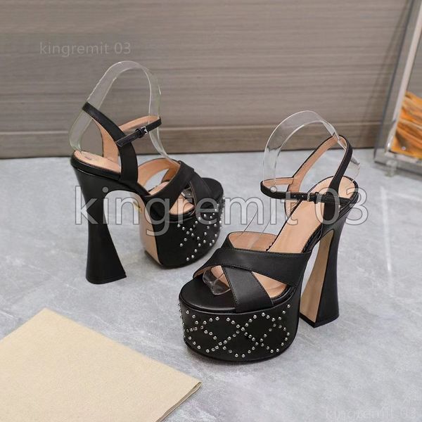 

designer sandals stud sandal platform chunky sandal women interlocking embellished slippers ankle strap high heels lady waterproof dress sho, Black
