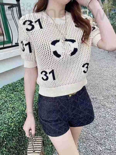 

women's t-shirt designer t-shirt 2023 summer new korean slim leisure digital 31 jacquard hollow short sleeve knitted women l126 vod2, White