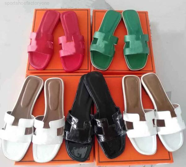 

designer women h flat sandals fashion leather slippers summer lady sandals beach party oran slide slippers 34--43size, Black
