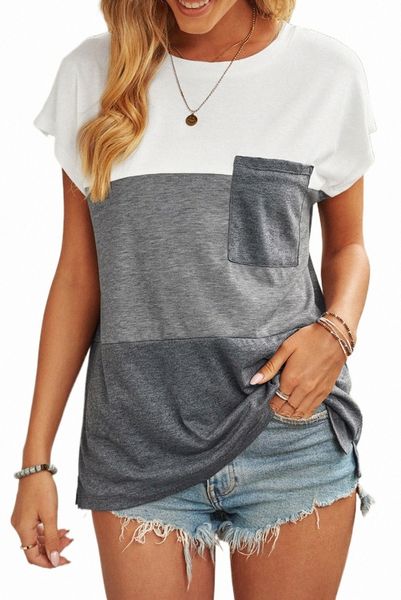 

gray colorblock pocketed cap sleeve 2023 new t3ku#, White