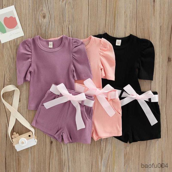 

clothing sets 1-4years baby short sleeve and shorts solid color sweet style crew neck pleated decoration summer clothing r230518, White