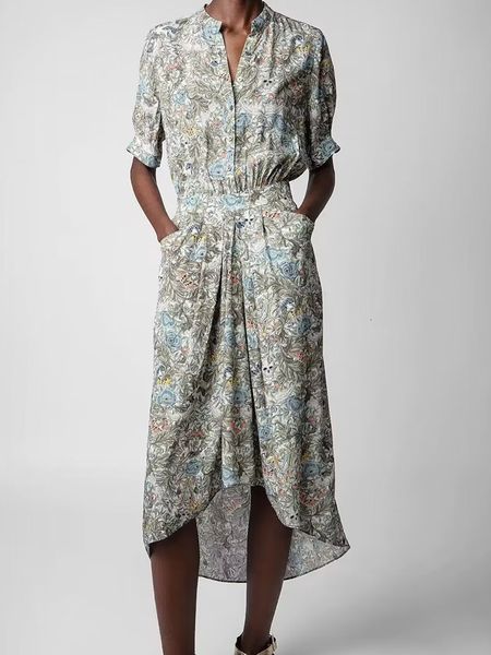 

basic casual dresses pleated irregular midi dress women floral skull print vintage stand collar pockets and button short puff sleeve female, Black;gray