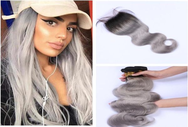 

ombre grey bundles with closure body wave sliver gray ombre 3 bundles with closure two tone 1b grey brazilian human hair extension9288985, Black