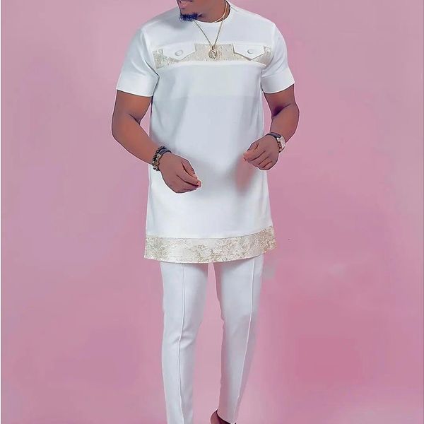 

men's tracksuits summer business men's short sleeve suit patchwork pocket shirt pants 2 pieces outfits wedding party african men&#, Gray