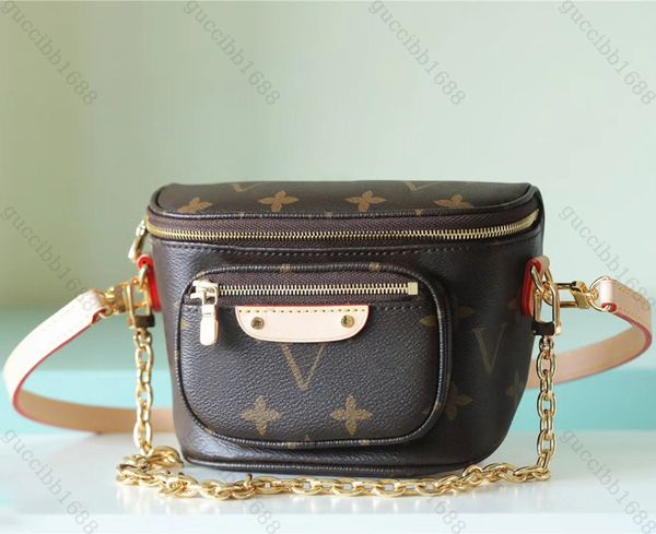 

10a mirror quality designers mini bumbag 17cm womens brown canvas chain handbag chest waist bag luxury real leather cowhide trims purse shou