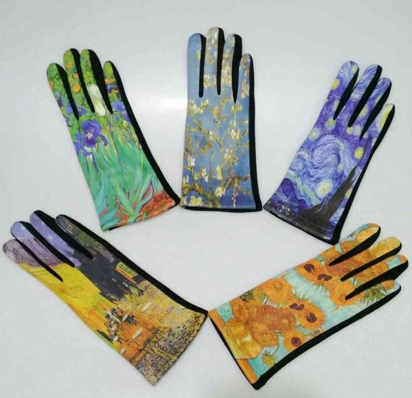 

van gogh oil painting gloves women digital print party mittens luxury brand embroidery touch screen glove femme cycling guantes6649848, Black