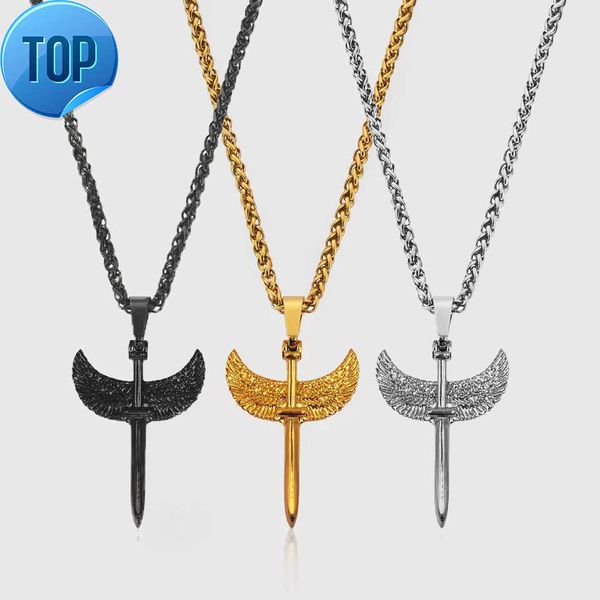 

316l stainless steel real gold cross pendant waterproof jewelry angel wings sword necklace wheat chain hip hop necklace for men, Silver