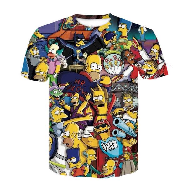 

2021 summer trend cartoon animation simpson 3d digital printing men's round neck short sleeve t-shirt, White;black