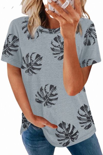 

gray crew neck tropical plants print t-shirt n11k#, White