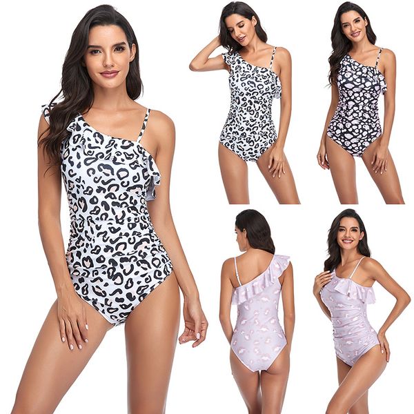 

falbala sloping shoulder womens swimwear bodysuits white / pink leopard printted one-piece swimsuit for girls waist slimming pleated bathing, White;black