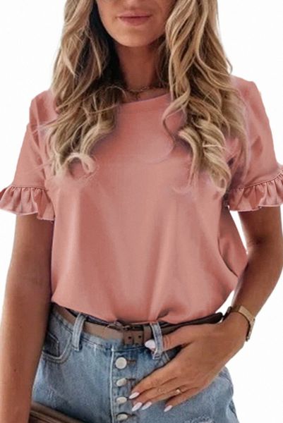 

pink solid ruffled short sleeve t-shirt 2023 new e3qj#, White