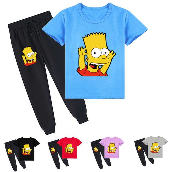 

children's fashion simpson print short sleeve t-shirt summer+pants set k417, White;black