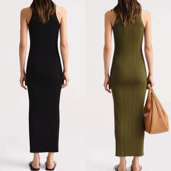 

casual dresses t-oteme round neck sleeveless sling dress knit fit maxi dress for women, Black;gray