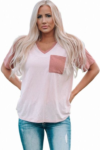 

pink colorblock v neck t shirt with pocket 2023 new b4pa#, White