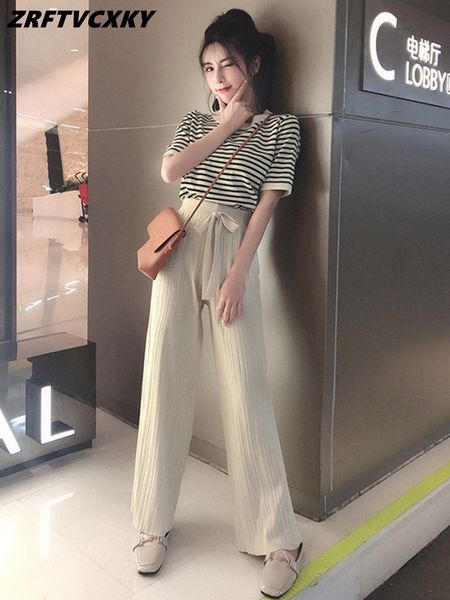 

women's two piece pants casual knitting two piece set women fashion o collar short sleeve stripe pullover igh waist wide leg long pants, White