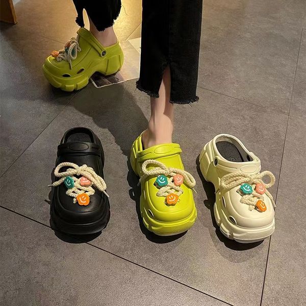 

new platform perforated sandal summer women increase hollow slippers designer fashion anti-slip soft bottom baotou half drag shoes leisure b, Black