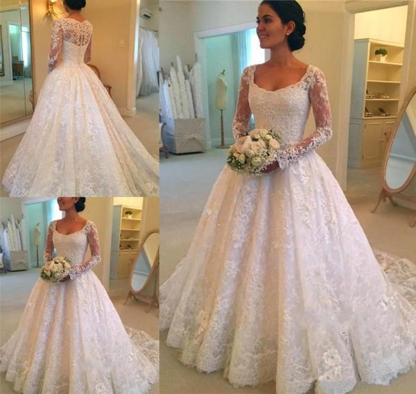

unique design long sleeve lace wedding dresses plus size button back appliques scoop neck aline vintage country bridal wedding go1881757, White