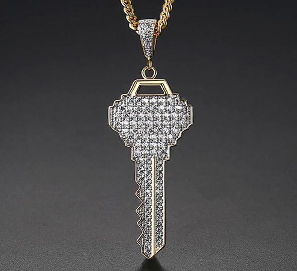 

new men039s key pendants necklace ice out cubic zircon gold color fashion rock street hip hop jewelry with chain for gift1412823, Silver