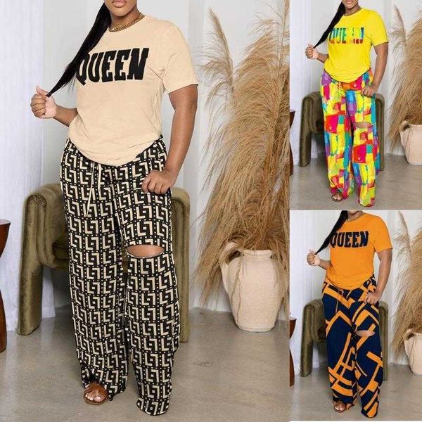 

womens spring and summer two pant piece short sleeve ripped trousers suit for women, White