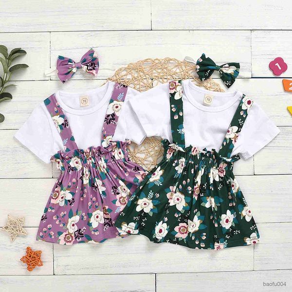

clothing sets 1-3years baby short sleeve and suspender skirt and bow headband flower pattern sweet style spring clothing r230518, White