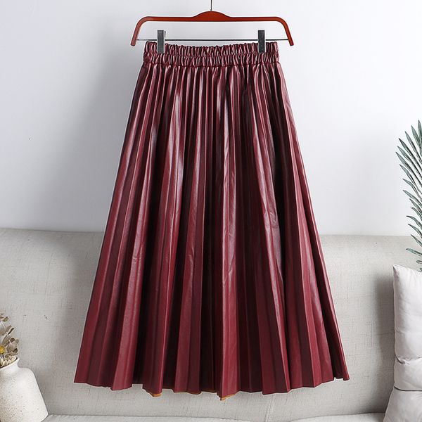 

skirts autumn winter women midi-calf pu leather elastic waist pleated skirts office ladies high waist a-line harajuku skirt ds288 230518, Black
