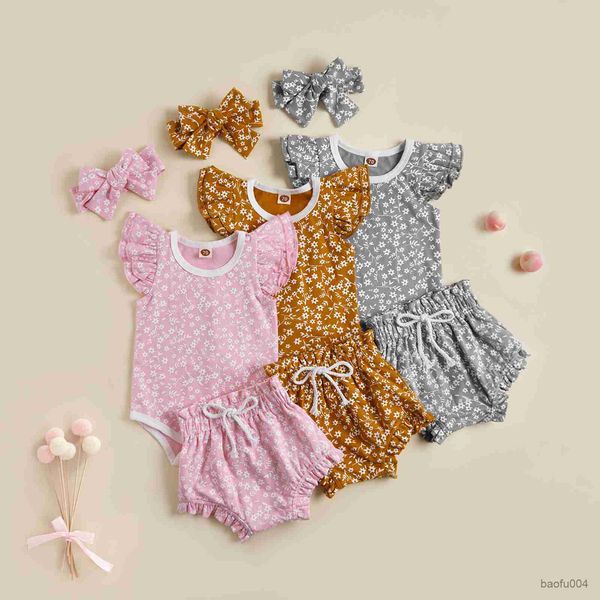

clothing sets baby flying sleeve and shorts and headband floral print elastic waist drawstring ruffle sweet clothing r230518, White