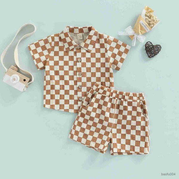 

clothing sets summer kids boys 2pcs clothing suit short sleeve lapel neck plaid print buttons and summer casual short pants r230518, White