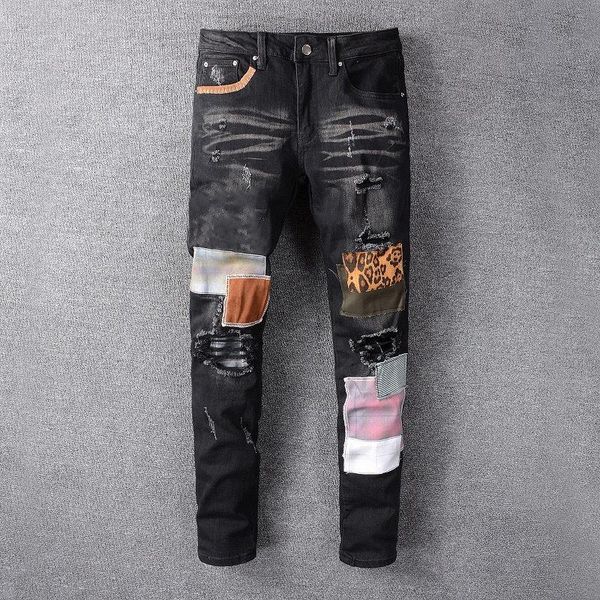 

designer stack stacked jeans european purple for mens quilting ripped trend brand vintage pant fold slim skinny masculina toursers sstraight, Black