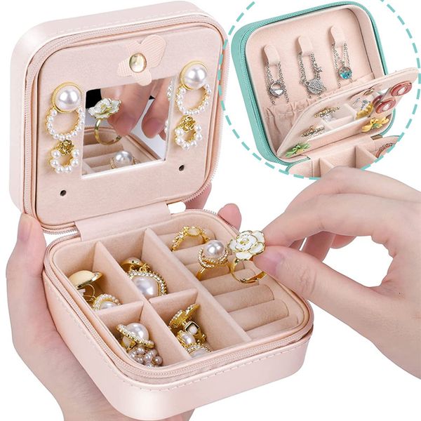 

jewelry stand organizer pu leather storage box with mirror travel portable earring holder display flannel women girl gift 230517, Black