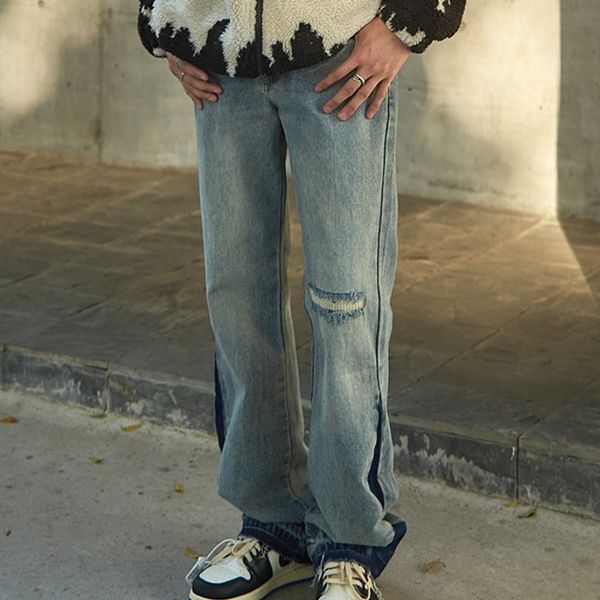 

men's jeans retro straight leg splicing denim trousers autumn trend personality simple loose ripped beggar pants hip hop clothing 23051, Blue