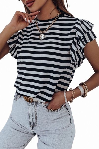 

white stripe print tiered ruffled sleeve tee u6ms#