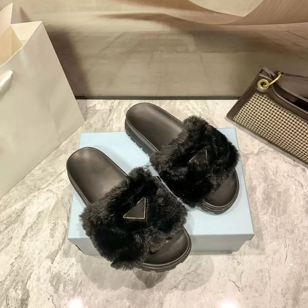 

2023 luxurys designers women slippers wool slide winter fur fluffy furry letters sandals warm comfortable slides fuzzy girl flip flop slippe, Black