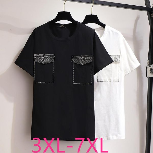 

t-shirt new 2021 summer plus size for women loose short sleeve black white cotton pocket oneck tshirt 3xl 4xl 5xl 6xl 7xl