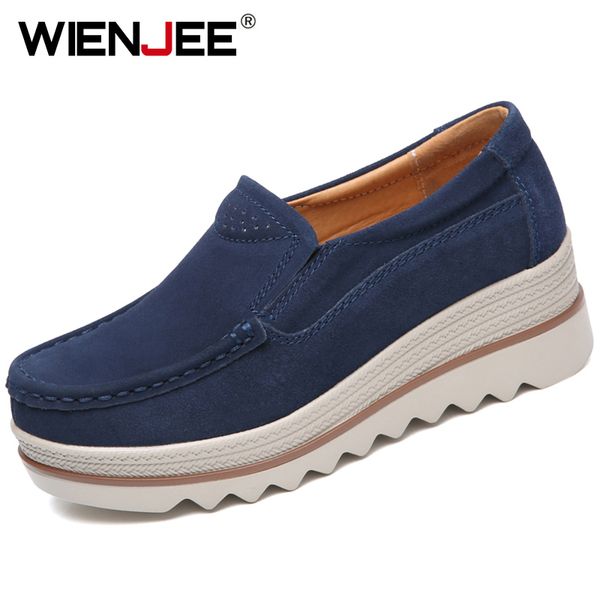 

dress shoes wienjee spring platform women flats sneakers suede leather casual slip on heels creepers moccasins 23519, Black