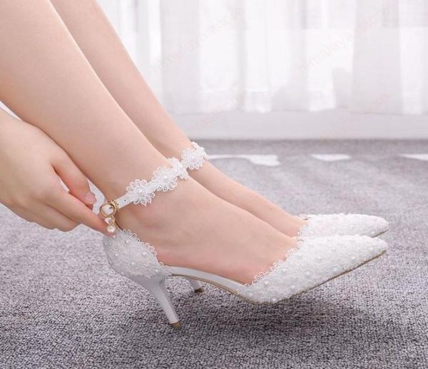 

large size women039s shoes white lace high heels banquet wedding shoes bridal sweet pointed shoes6610011, Black