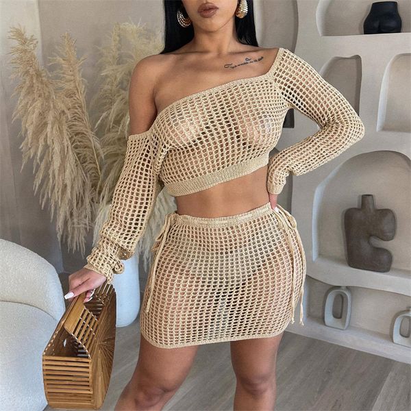 

two piece dress summer knitted hollow out skirts sets women off shoulder long sleeve crop lace up mini skirt beach cover ups 230518, White