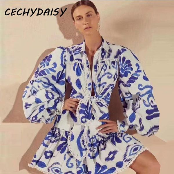 

dress 2023 spring women 2 pieces set crop and mini skirt turn down collar lace up vintage printed blouse shirts clothes outfits, White