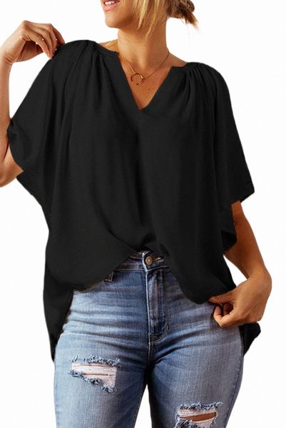 

black split neck pleated loose 2023 new e7ln#, White