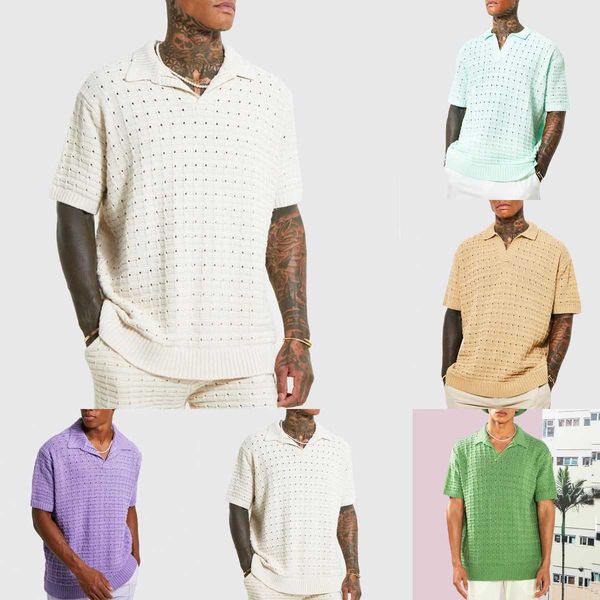 

men's elastic loose polo sweater men's knitting short-sleeved casual t-shirt men's v-neck t-shirt men, White;black