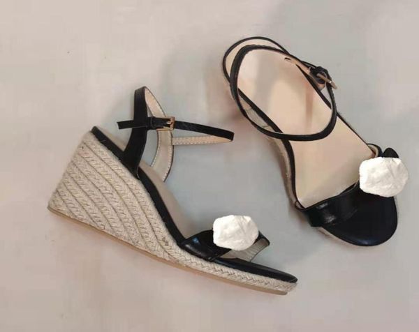 

women straw thick bottom sandals open toe gold color wedge shoe fashion metal buckle sandal beach shoes with box q1404161016, Black