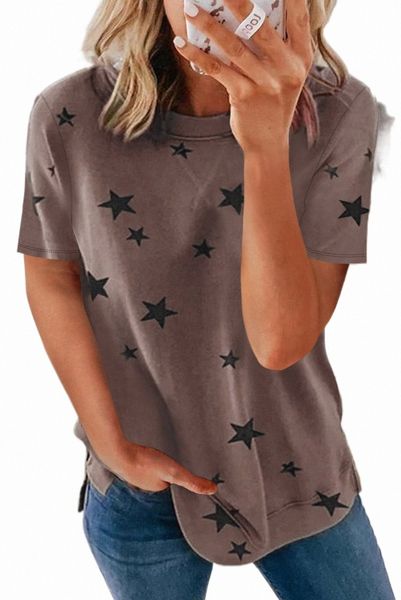 

khaki star print crew neck t-shirt 2023 new v1o4#, White