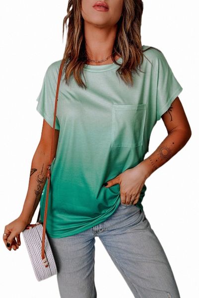 

green gradient color short sleeve t-shirt with pocket l7fp#, White