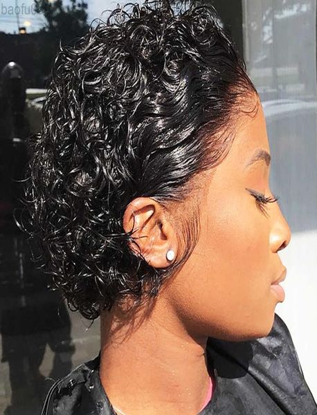 

short curly human hair wigs pixie cut wigs lace front wigs for women remy hair wig for women pre picked with baby hair l2208097983037, Black