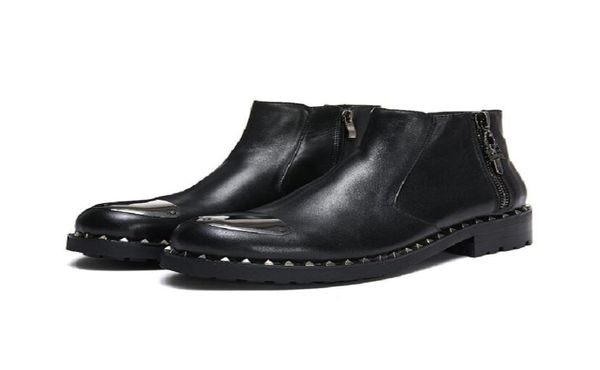 

gun toe men rivets motorcycle boots double zip man street boot metal big head mens leather sneakers cowhide7007563, Black